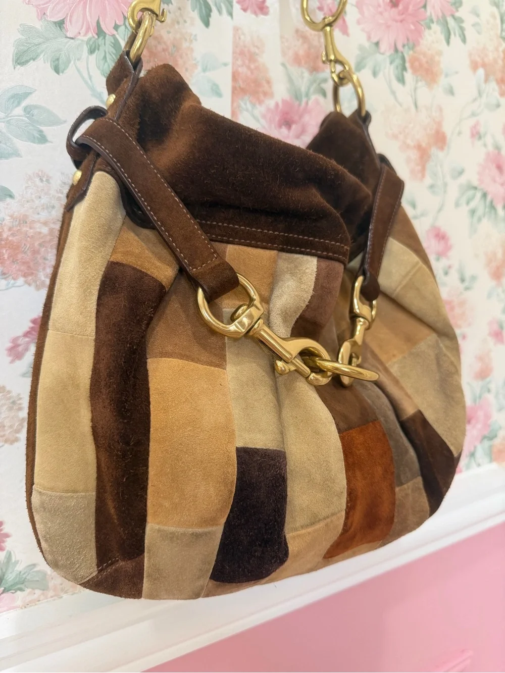 Y2k Coach Patchwork Suede Shoulder Bag in Brown and Tan